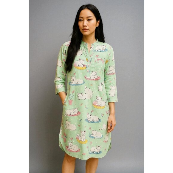 Nick & Nora Mint Green Long Sleeve Nightshirt With Cat Print & Mandarin Collar - Picture 9 of 12